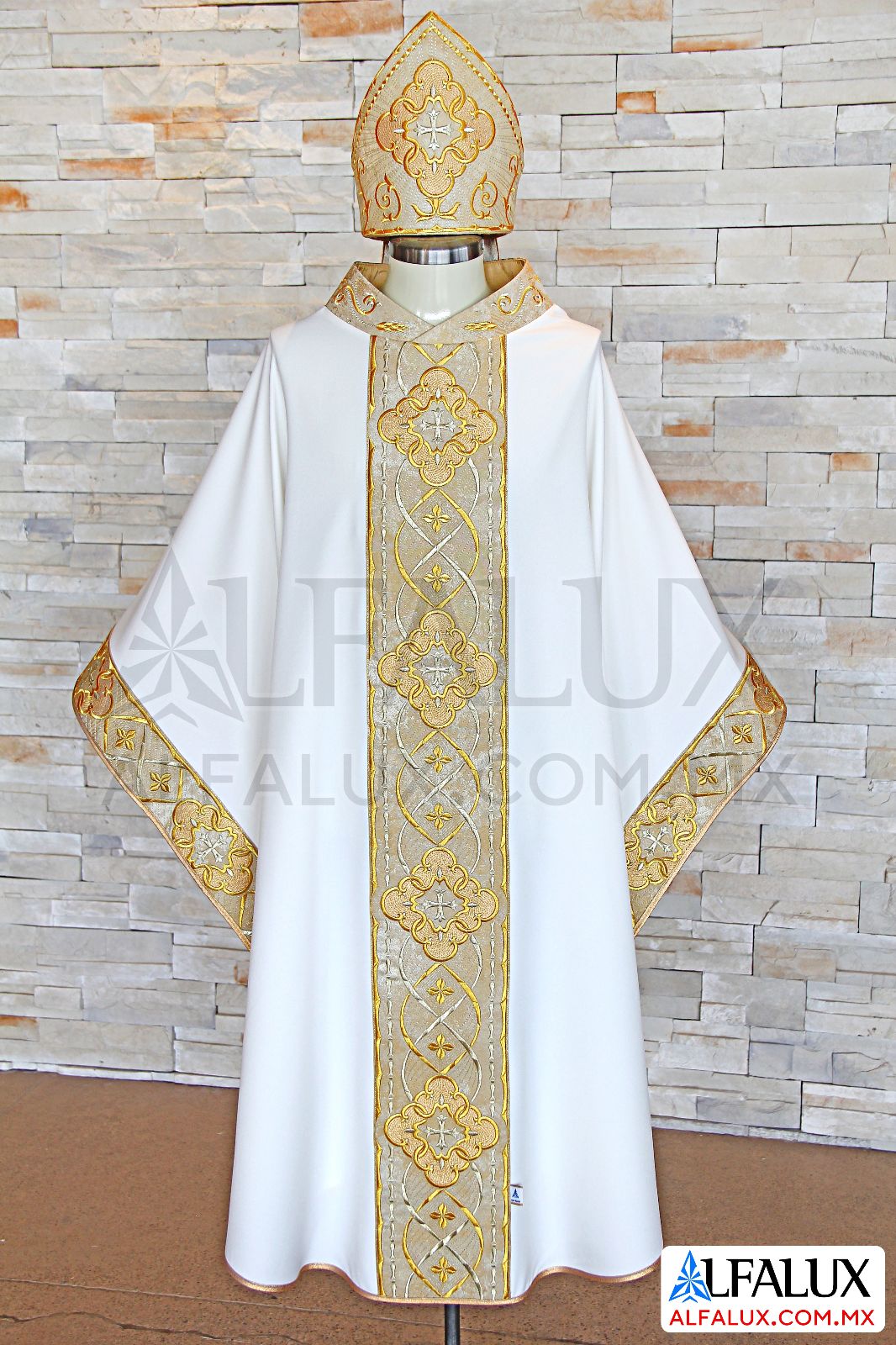 02 ROYAL Casulla y Mitra Alfalux Blanco Dorado Brocado Laterales 180 (1)